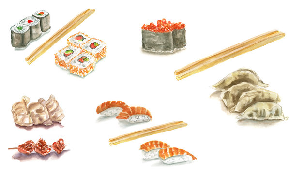 Watercolour sushi set on white background with chopsticks