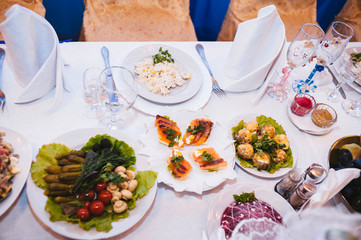 Table with food and drink. traditional wedding banquet.