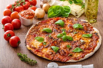 Cheese pizza with chilli and basil