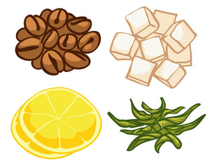 set of stylized images coffee tea lemon refined sugar