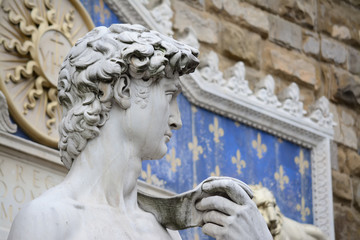 close up of Michelangelo's David in Florence