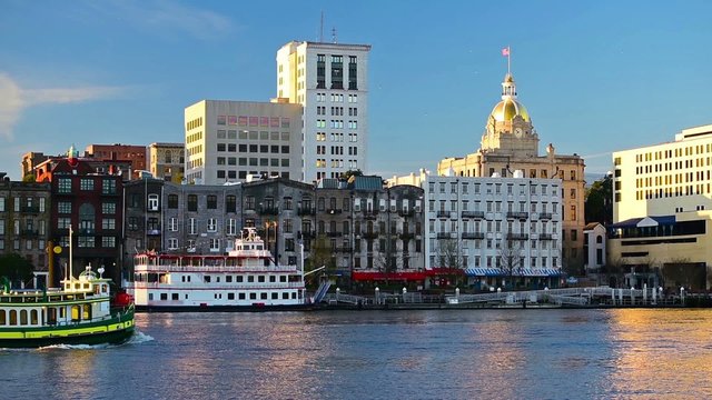 Savannah, Georgia, USA downtown city skyline at the Riverfront.