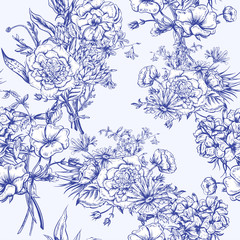Retro Summer Seamless Monochrome Floral Pattern, Vintage