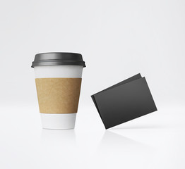 White paper cup and business cards. 3d rendering