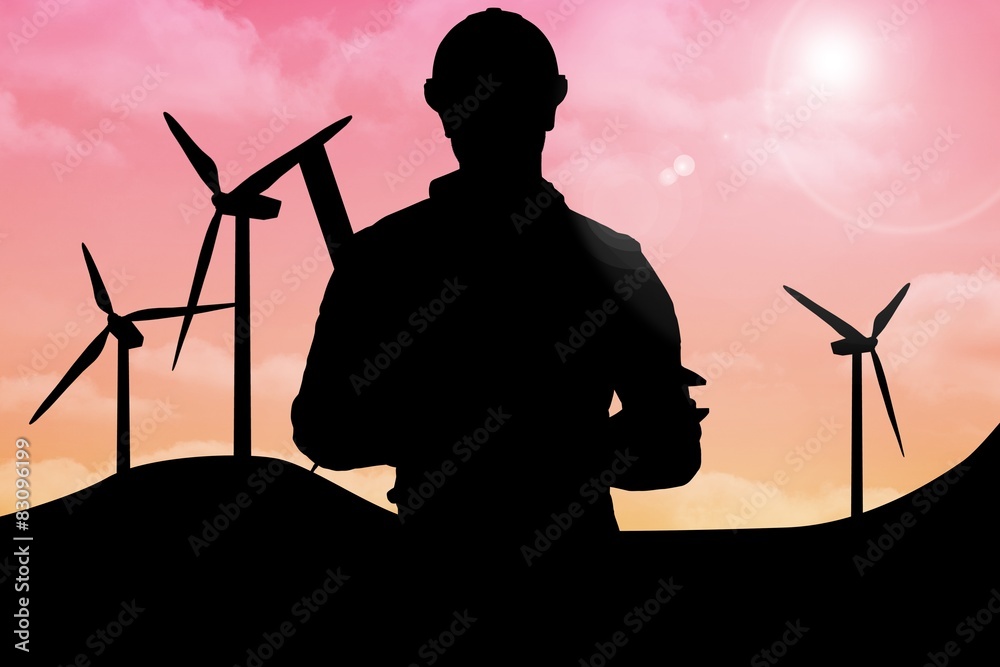 Poster portrait of smiling manual worker holding various tools