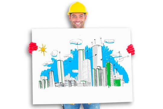 Composite image of portrait of handyman showing blank placard