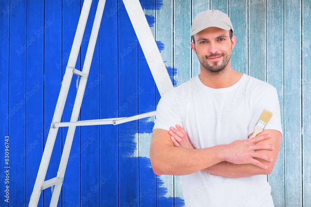 Poster composite image of handyman with paintbrush and ladder
