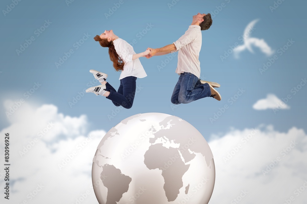 Poster composite image of couple jumping and holding hands