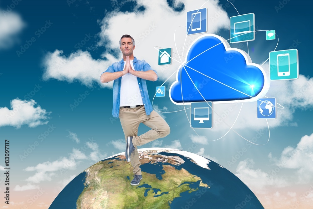Poster composite image of man with grey hair in tree pose