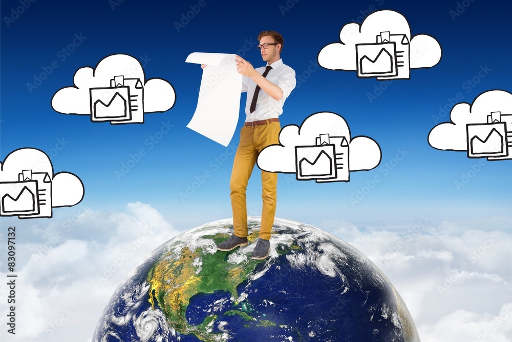 Poster Composite image of geeky businessman reading large page
