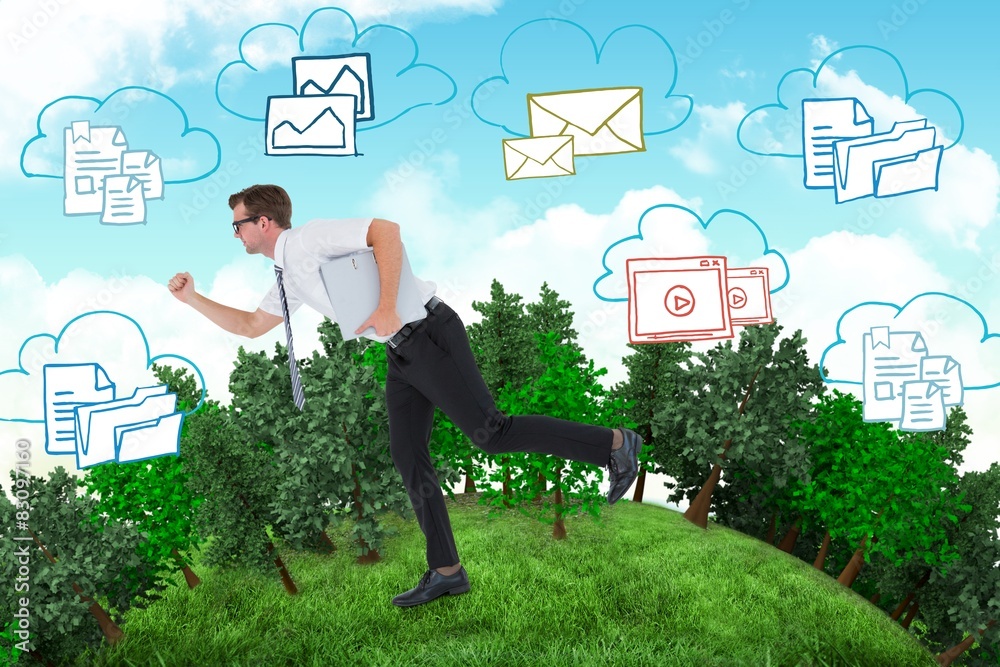 Poster Composite image of geeky businessman running late