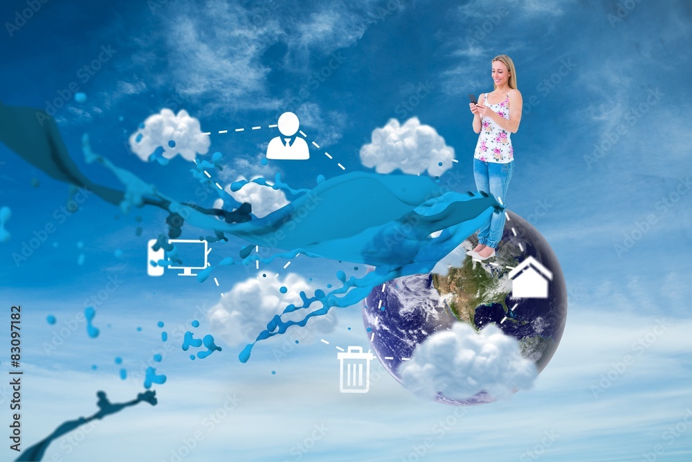 Poster Composite image of smiling blonde sending a text message 