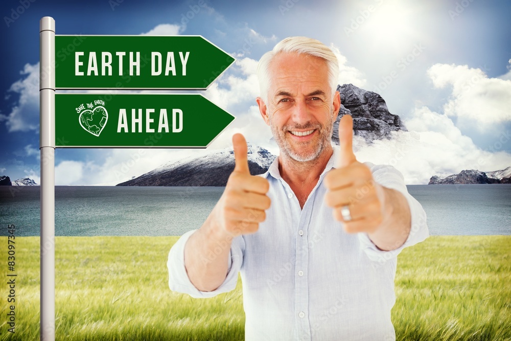 Poster Composite image of smiling man showing thumbs up to camera