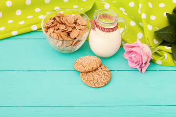 Breakfast on blue wooden background