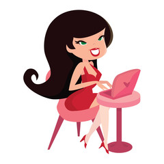 Cartoon Retro Pinup Girl with Laptop