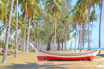Plakat Coconut trees and wooden boat under blue sky at the beach.