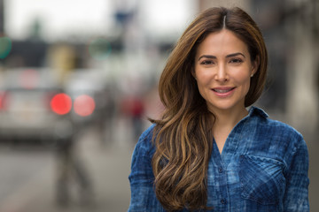Young hispanic caucasian woman smile happy face portrait