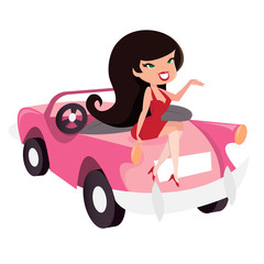 Fototapeta na wymiar Cartoon Retro Pin Up Girl Sitting On Car