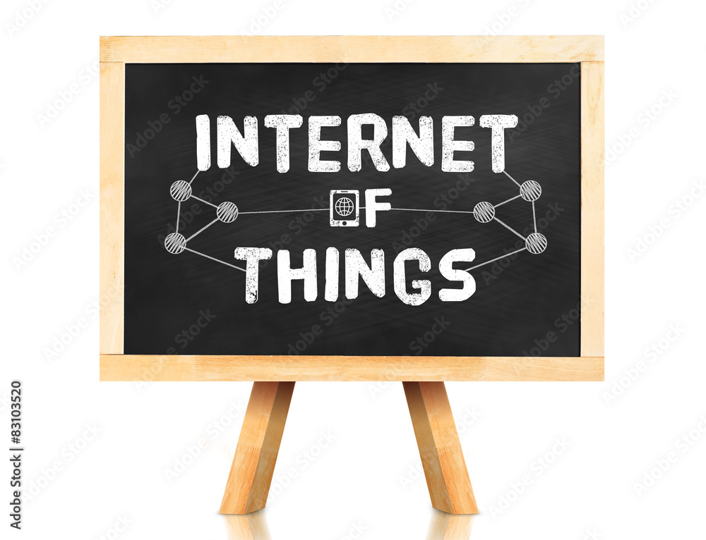 Poster internet of things word with icon on blackboard in white backgro