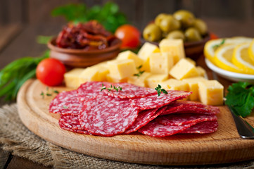 Antipasto catering platter with salami and cheese 