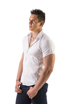 Handsome young man with elegant shirt, looking to a side