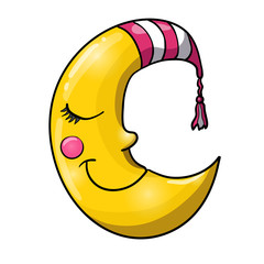 Cartoon sleeping moon in striped nightcap