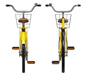 Yellow Vintage Style Bicycle isolated on White Background. Front and Back View