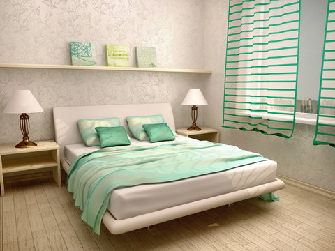 3d Illustration Of Bedroom Interior In A Light Turquoise