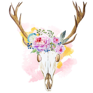 Watercolor deer head with wildflowers