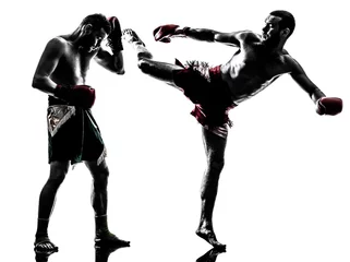 Papier Peint photo Lavable Arts martiaux two men exercising thai boxing silhouette