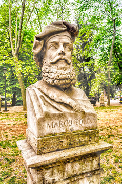 Bust statue of Marco Polo. Sculpture in Villa Borghese park, Rom