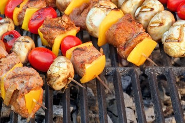 BBQ  Roasted Meat Shish Kebabs With Peppers, Tomatoes and Mushro