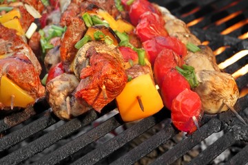 BBQ  Roasted Meat Shish Kebabs With Peppers, Tomatoes and Mushro