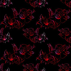 Alstroemeria flower composition black red pink seamless pattern