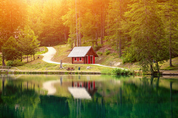 Fototapeta premium Lake fusine during a beautiful sunset