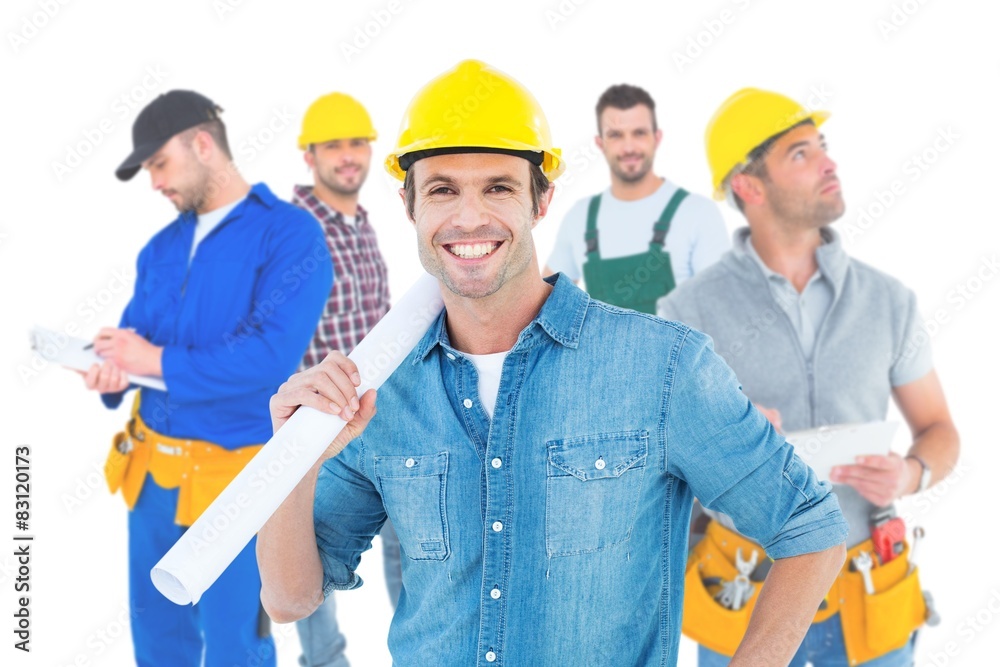 Aufkleber composite image of confident architect holding rolled blueprint