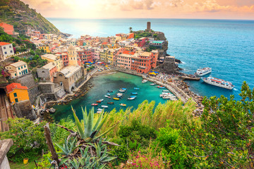 Vernazza village and stunning sunrise,Cinque Terre,Italy,Europe - 83120300