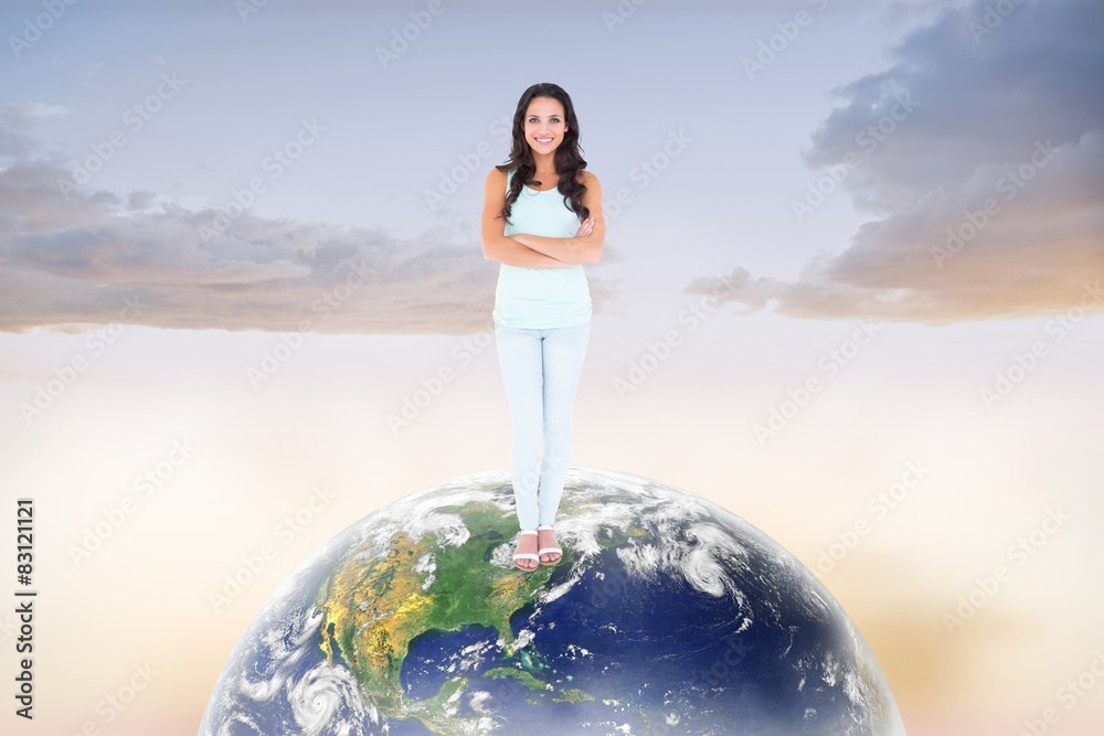 Poster composite image of pretty brunette smiling at camera