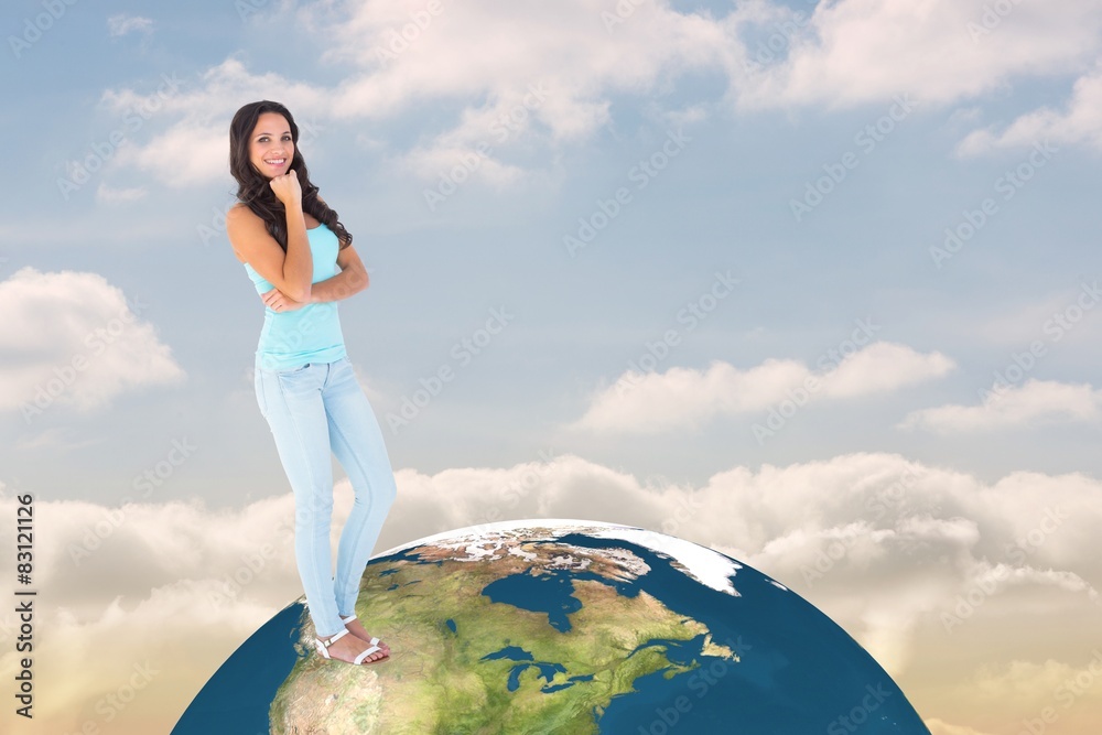 Poster composite image of casual brunette smiling at camera