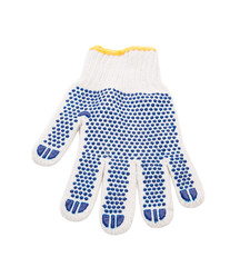 Protective glove with blue circles.