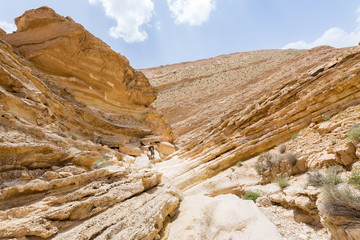 Backpacker man walking desert canyon mountain cliffs.