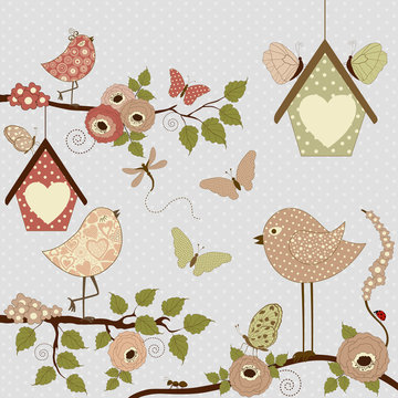 Floral background with birds and butterflies