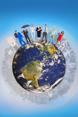 Naklejka premium Composite image of people standing on the world