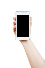 Woman hand with white smartphone