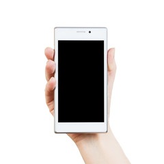 Woman hand with white smartphone