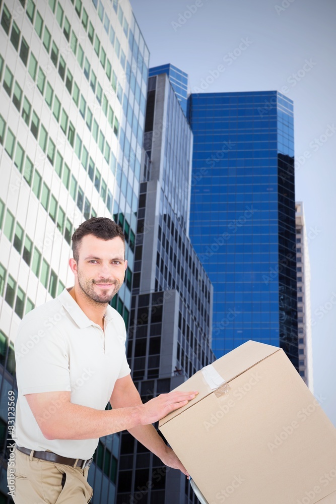 Poster composite image of delivery man pushing trolley of boxes