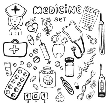 Hand drawn healthcare and medicine doodle icon set