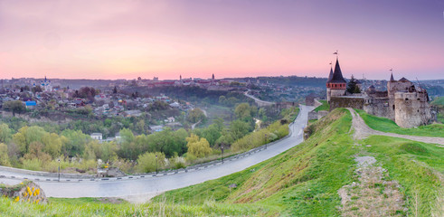 Morning landscape panorama of the old fortress on the hill