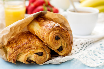 French viennoiserie pain au chocolat for breakfast - 83126383