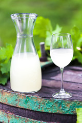 wine glass and carafe with wine cider standing on cask
